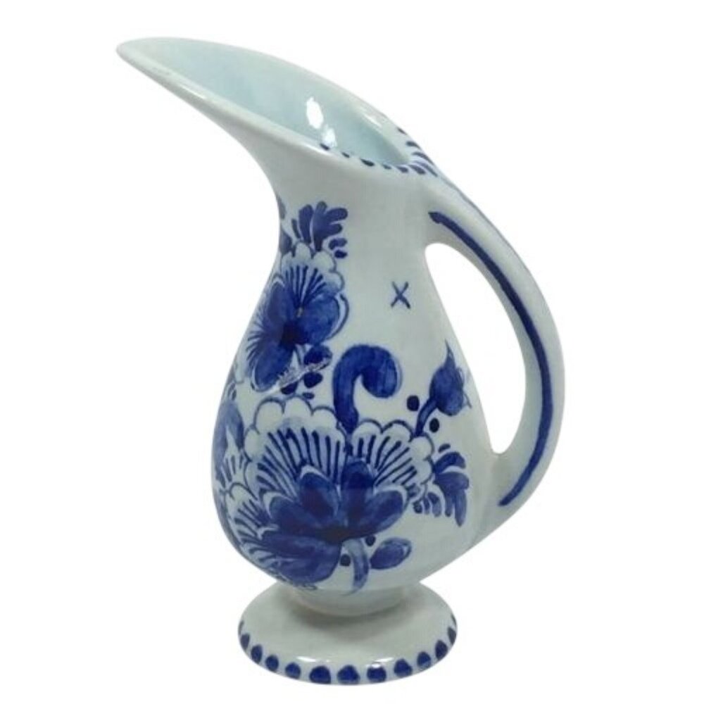 Vintage Hand Painted Delfts Schoonhoven Small Blue & White Pitcher Marked 1102